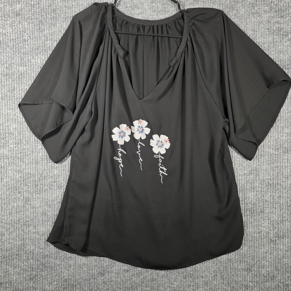 Faith Hope Love Floral Blouse Black Flutter Sleeve V Neck Top XL